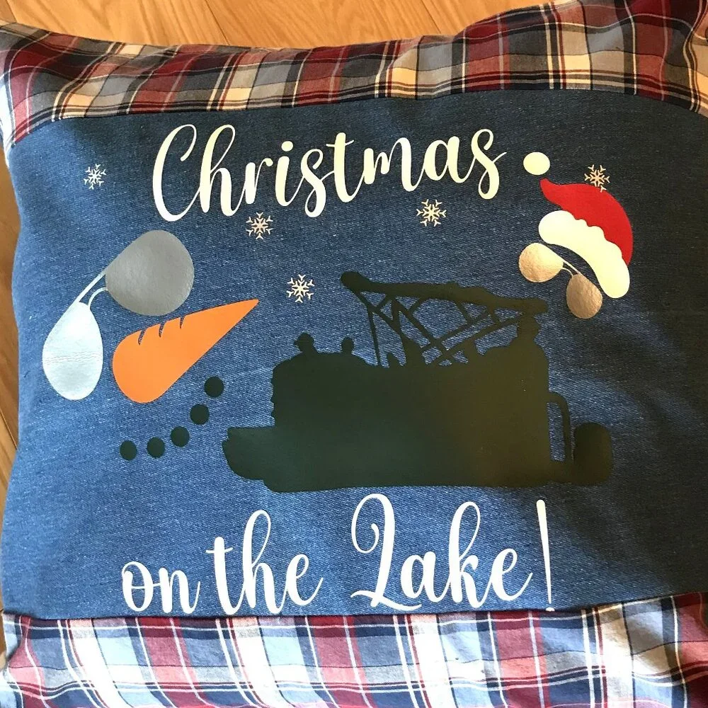Holiday Lake Scene Pillow Cover, Appliqued Christmas on the Lake w/Pontoon 18x18